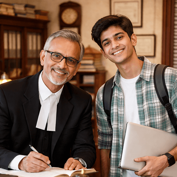 Mentor and law student collaborating in a library
